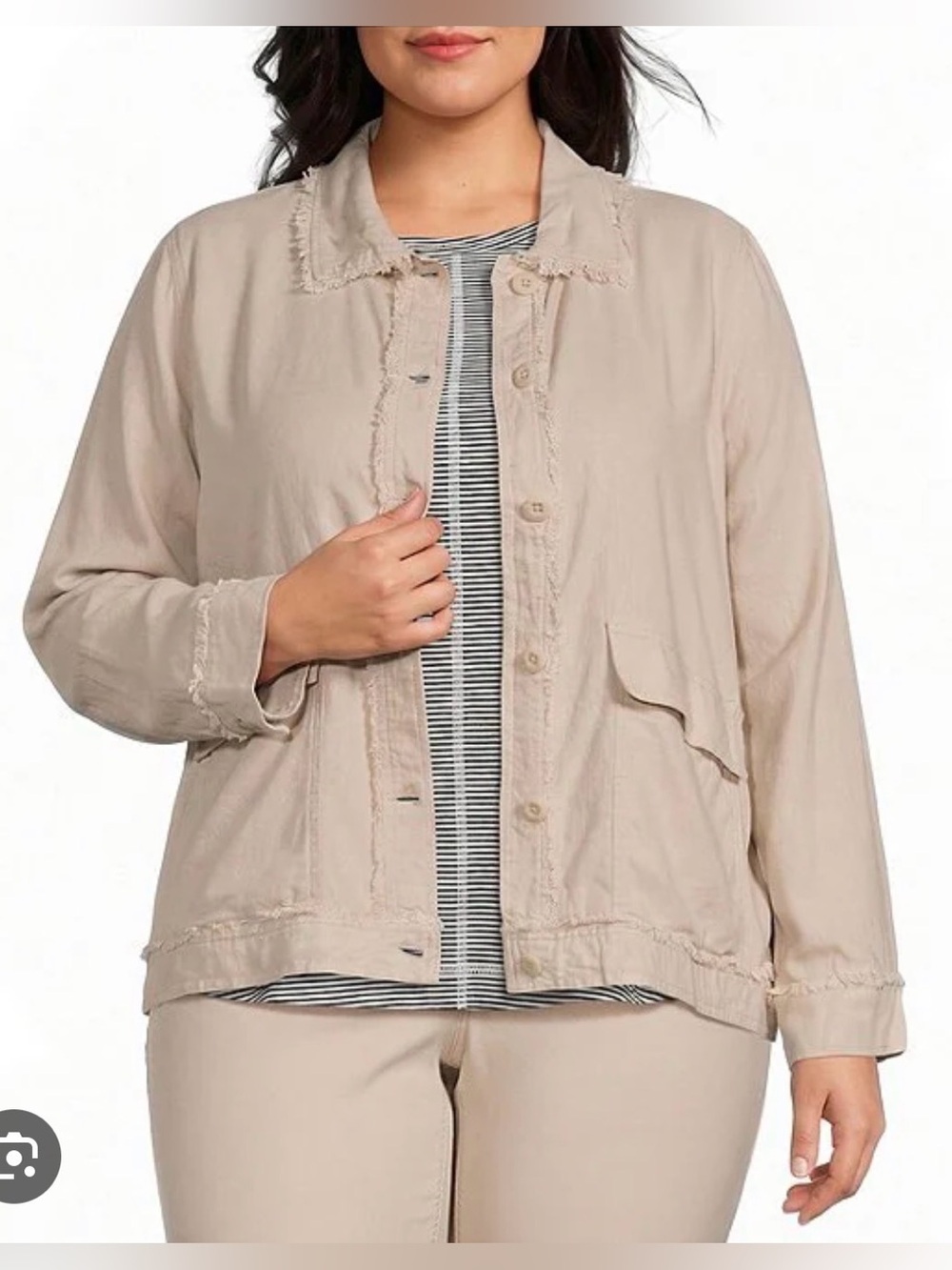 Westbound Beige Frayed-Trim Utility Jacket